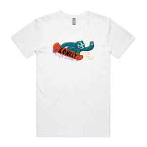 Skating Sloth Tee by Lonely Kids Club. All clothing from our T-shirts to our shorts and hoodies are ethically made, and printed packed and shipped from Sydney.