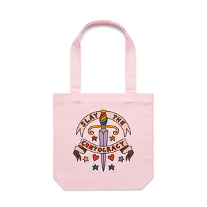 Slay The Cuntocracy Tote by Lonely Kids Club. All clothing from our T-shirts to our shorts and hoodies are ethically made, and printed packed and shipped from Sydney.