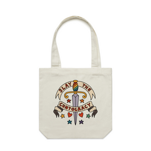 Slay The Cuntocracy Tote by Lonely Kids Club. All clothing from our T-shirts to our shorts and hoodies are ethically made, and printed packed and shipped from Sydney.