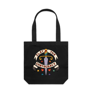 Slay The Cuntocracy Tote by Lonely Kids Club. All clothing from our T-shirts to our shorts and hoodies are ethically made, and printed packed and shipped from Sydney.