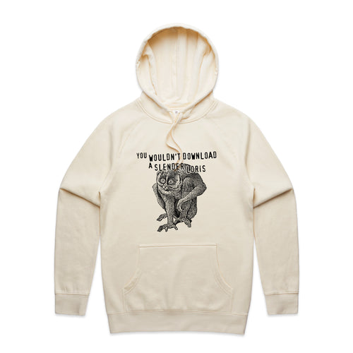 Slender Loris Hoodie by Lonely Kids Club. All clothing from our T-shirts to our shorts and hoodies are ethically made, and printed packed and shipped from Sydney.