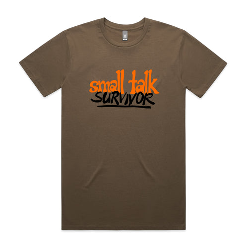 Small Talk Survivor Tee by Lonely Kids Club. All clothing from our T-shirts to our shorts and hoodies are ethically made, and printed packed and shipped from Sydney.