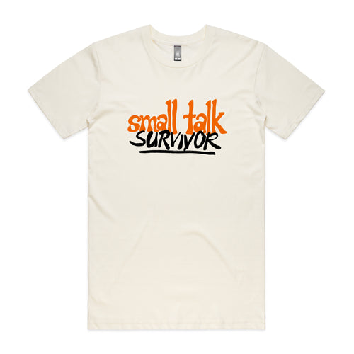 Small Talk Survivor Tee by Lonely Kids Club. All clothing from our T-shirts to our shorts and hoodies are ethically made, and printed packed and shipped from Sydney.