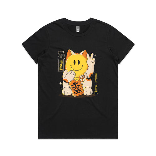Smiley Maneki Tee by Lonely Kids Club. All clothing from our T-shirts to our shorts and hoodies are ethically made, and printed packed and shipped from Sydney.