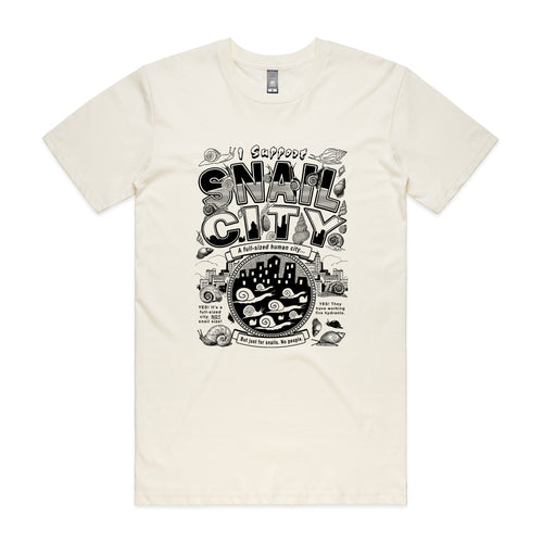 Snail City Tee by Lonely Kids Club. All clothing from our T-shirts to our shorts and hoodies are ethically made, and printed packed and shipped from Sydney.