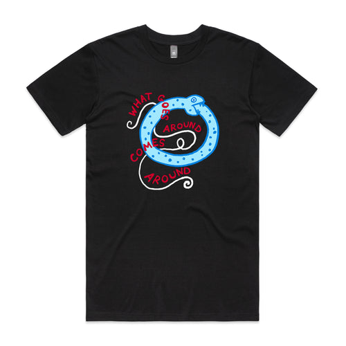 What Goes Around Tee by Lonely Kids Club. All clothing from our T-shirts to our shorts and hoodies are ethically made, and printed packed and shipped from Sydney.