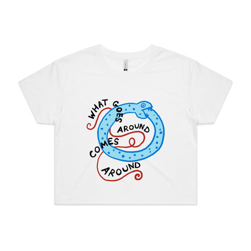 What Goes Around Tee by Lonely Kids Club. All clothing from our T-shirts to our shorts and hoodies are ethically made, and printed packed and shipped from Sydney.