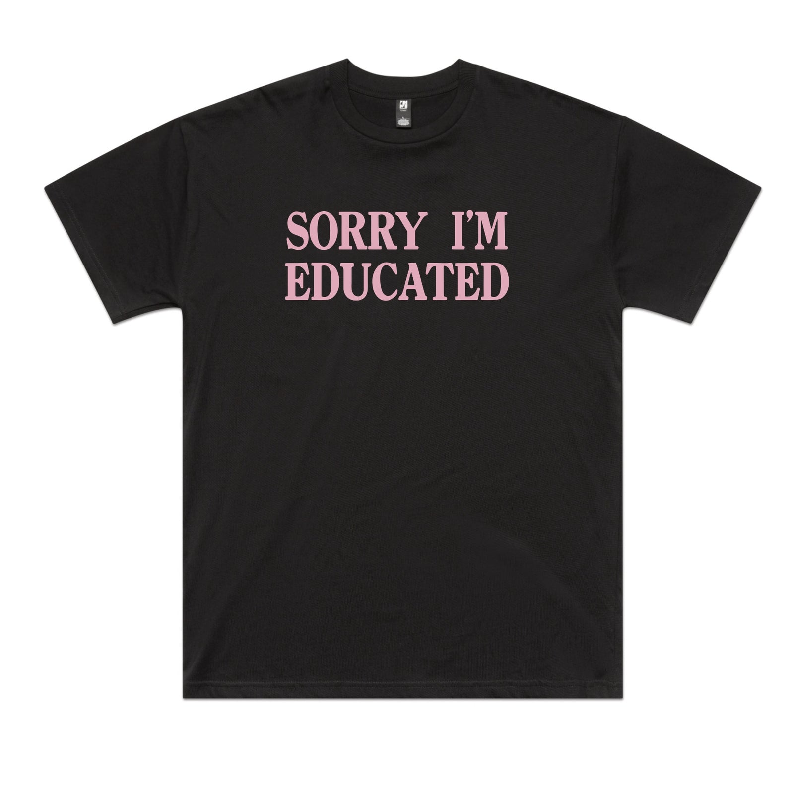 Black oversized t-shirt with Sorry I'm Educated graphic by Lonely Kids Club