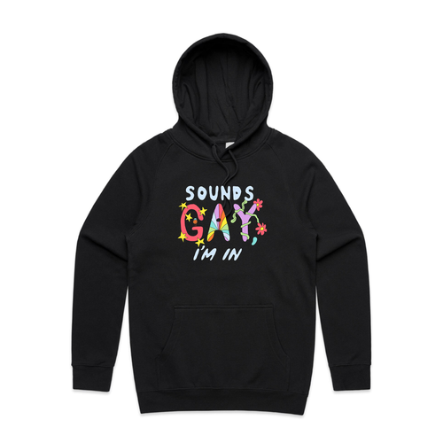 Sounds Gay Hoodie by Lonely Kids Club. All clothing from our T-shirts to our shorts and hoodies are ethically made, and printed packed and shipped from Sydney.
