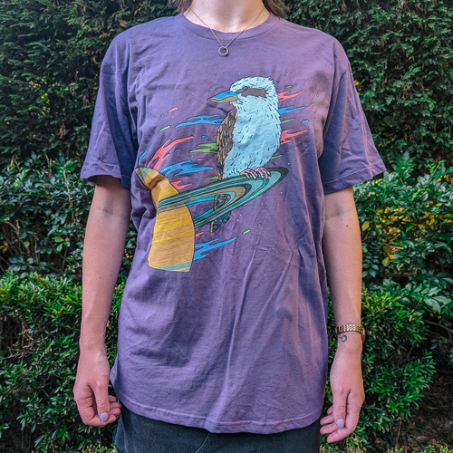 Space Kookaburra Tee by Lonely Kids Club. All clothing from our T-shirts to our shorts and hoodies are ethically made, and printed packed and shipped from Sydney.
