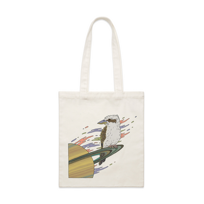 Space Kookaburra Tote by Lonely Kids Club. All clothing from our T-shirts to our shorts and hoodies are ethically made, and printed packed and shipped from Sydney.