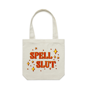 Spell Slut Tote by Lonely Kids Club. All clothing from our T-shirts to our shorts and hoodies are ethically made, and printed packed and shipped from Sydney.