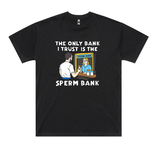 Sperm Bank Tee by Lonely Kids Club. All clothing from our T-shirts to our shorts and hoodies are ethically made, and printed packed and shipped from Sydney.