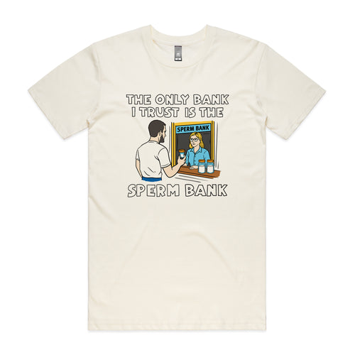 Sperm Bank Tee by Lonely Kids Club. All clothing from our T-shirts to our shorts and hoodies are ethically made, and printed packed and shipped from Sydney.