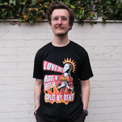 Split My Rent Tee by Lonely Kids Club. All clothing from our T-shirts to our shorts and hoodies are ethically made, and printed packed and shipped from Sydney.