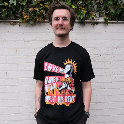 Split My Rent Tee by Lonely Kids Club. All clothing from our T-shirts to our shorts and hoodies are ethically made, and printed packed and shipped from Sydney.