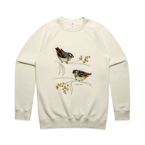 Spotted Pardalotes Jumper by Lonely Kids Club. All clothing from our T-shirts to our shorts and hoodies are ethically made, and printed packed and shipped from Sydney.