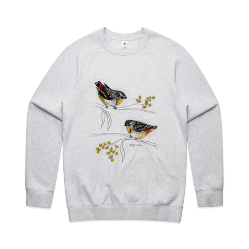 Spotted Pardalotes Jumper by Lonely Kids Club. All clothing from our T-shirts to our shorts and hoodies are ethically made, and printed packed and shipped from Sydney.