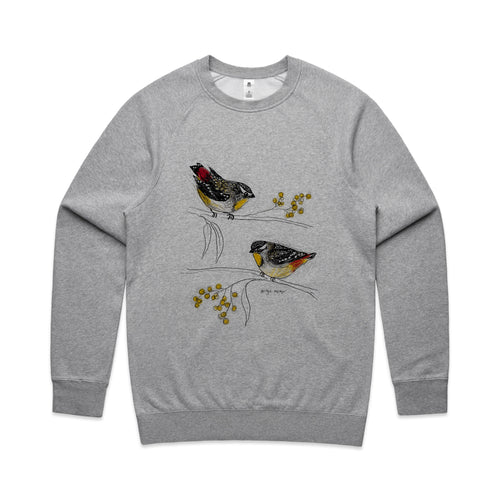 Spotted Pardalotes Jumper by Lonely Kids Club. All clothing from our T-shirts to our shorts and hoodies are ethically made, and printed packed and shipped from Sydney.