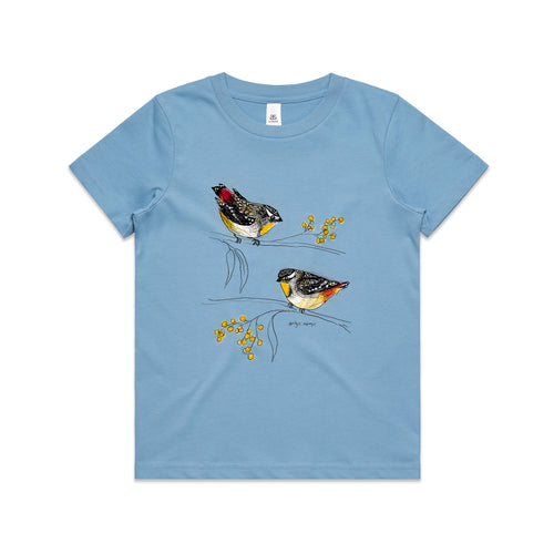 Spotted Pardalotes Kids Tee by Lonely Kids Club. All clothing from our T-shirts to our shorts and hoodies are ethically made, and printed packed and shipped from Sydney.