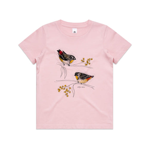 Spotted Pardalotes Kids Tee by Lonely Kids Club. All clothing from our T-shirts to our shorts and hoodies are ethically made, and printed packed and shipped from Sydney.