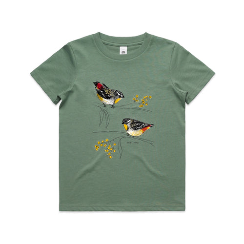 Spotted Pardalotes Kids Tee by Lonely Kids Club. All clothing from our T-shirts to our shorts and hoodies are ethically made, and printed packed and shipped from Sydney.
