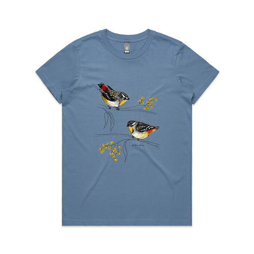 Spotted Pardalotes Tee by Lonely Kids Club. All clothing from our T-shirts to our shorts and hoodies are ethically made, and printed packed and shipped from Sydney.