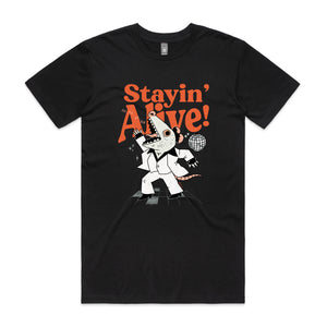 Stayin' Alive Tee by Lonely Kids Club. All clothing from our T-shirts to our shorts and hoodies are ethically made, and printed packed and shipped from Sydney.