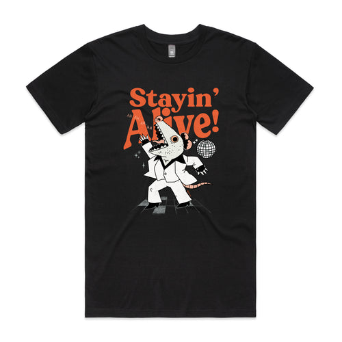 Stayin' Alive Tee by Lonely Kids Club. All clothing from our T-shirts to our shorts and hoodies are ethically made, and printed packed and shipped from Sydney.
