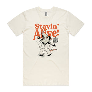 Stayin' Alive Tee by Lonely Kids Club. All clothing from our T-shirts to our shorts and hoodies are ethically made, and printed packed and shipped from Sydney.