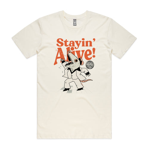 Stayin' Alive Tee by Lonely Kids Club. All clothing from our T-shirts to our shorts and hoodies are ethically made, and printed packed and shipped from Sydney.