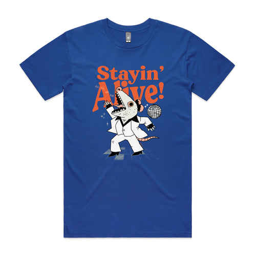 Stayin' Alive Tee by Lonely Kids Club. All clothing from our T-shirts to our shorts and hoodies are ethically made, and printed packed and shipped from Sydney.