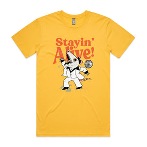 Stayin' Alive Tee by Lonely Kids Club. All clothing from our T-shirts to our shorts and hoodies are ethically made, and printed packed and shipped from Sydney.