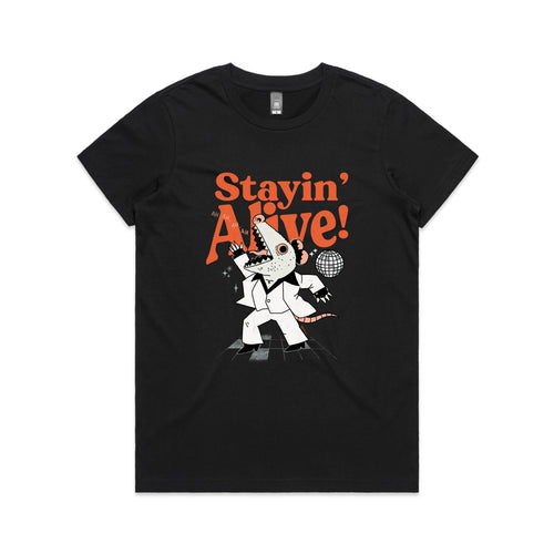 Stayin' Alive Tee by Lonely Kids Club. All clothing from our T-shirts to our shorts and hoodies are ethically made, and printed packed and shipped from Sydney.