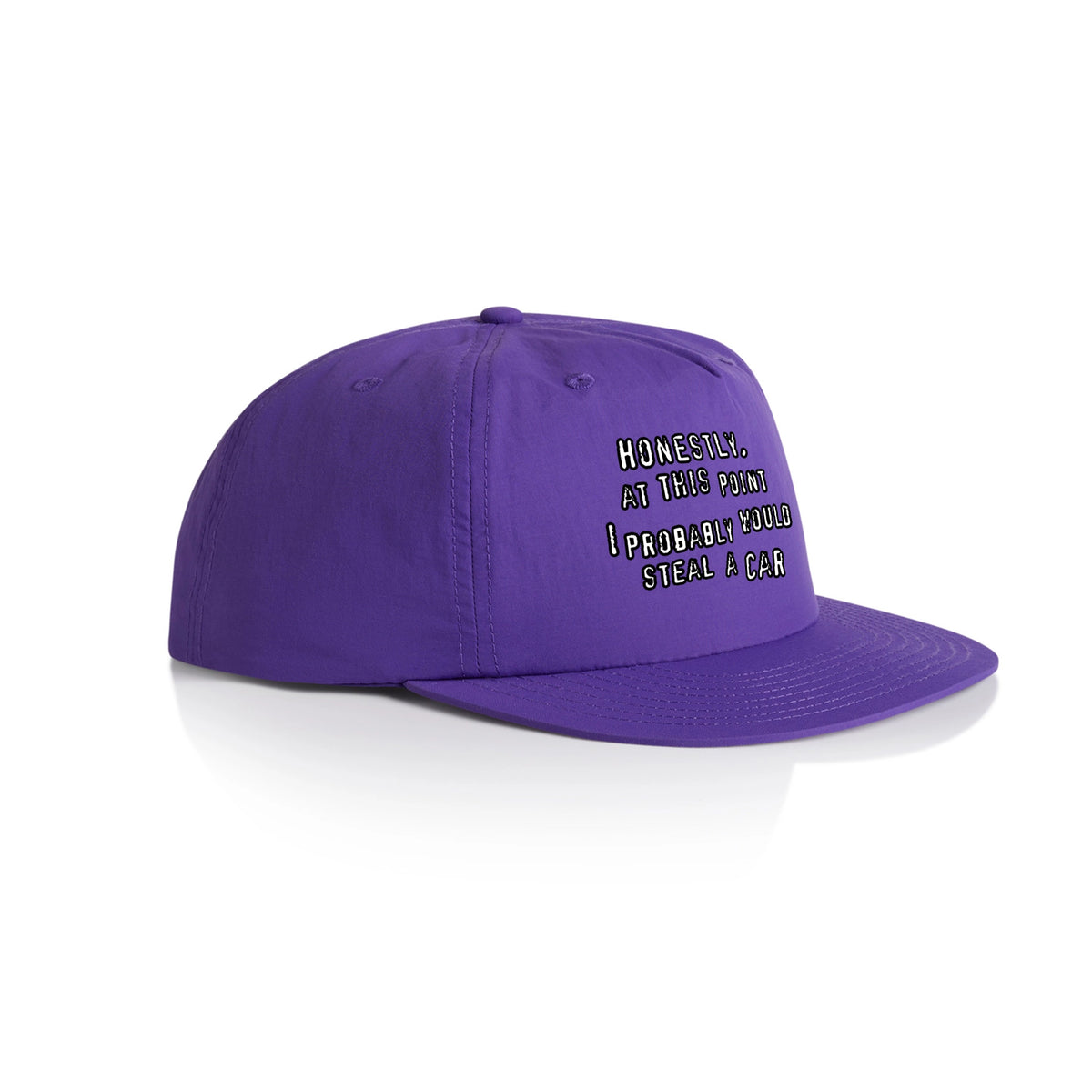 Purple active cap with Would Steal A Car Hat graphic by Lonely Kids Club