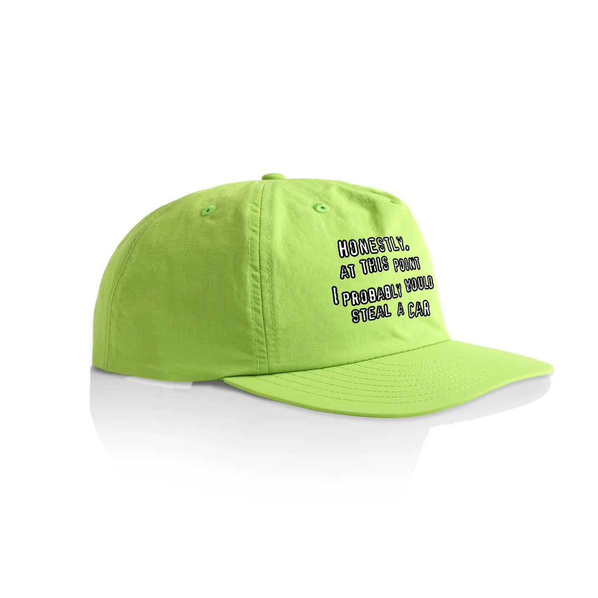Lime active cap with Would Steal A Car Hat graphic by Lonely Kids Club