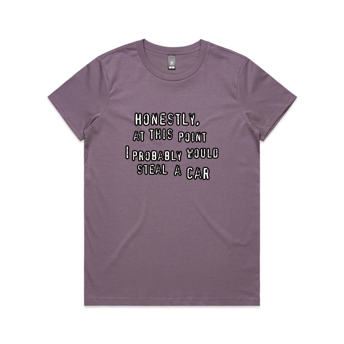 Mauve fitted womens t-shirt with Would Steal A Car graphic by Lonely Kids Club