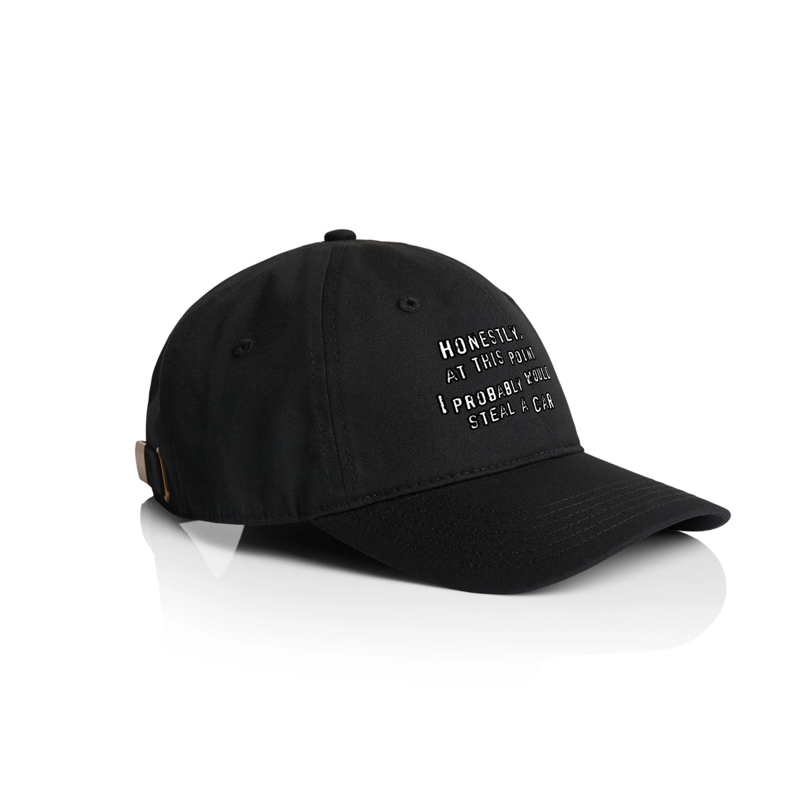 Black classic cap with Would Steal A Car Hat graphic by Lonely Kids Club