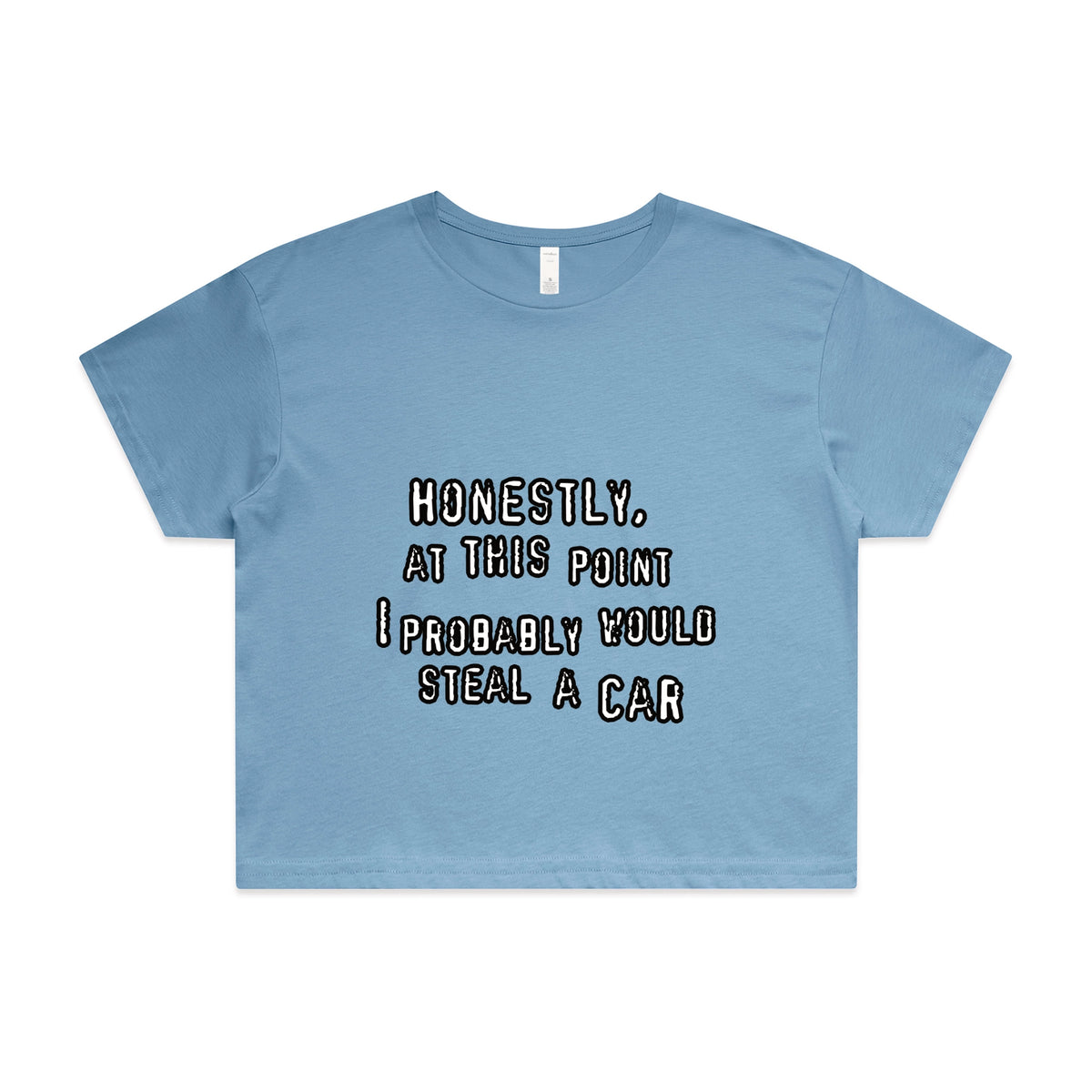 Carolina Blue crop top with Would Steal A Car graphic by Lonely Kids Club