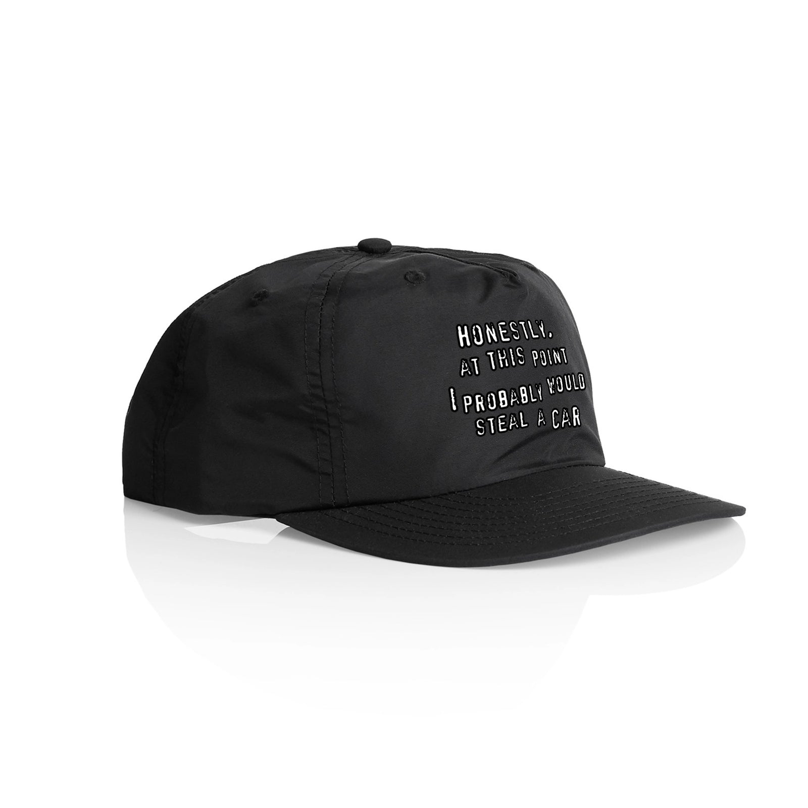 Black active cap with Would Steal A Car Hat graphic by Lonely Kids Club
