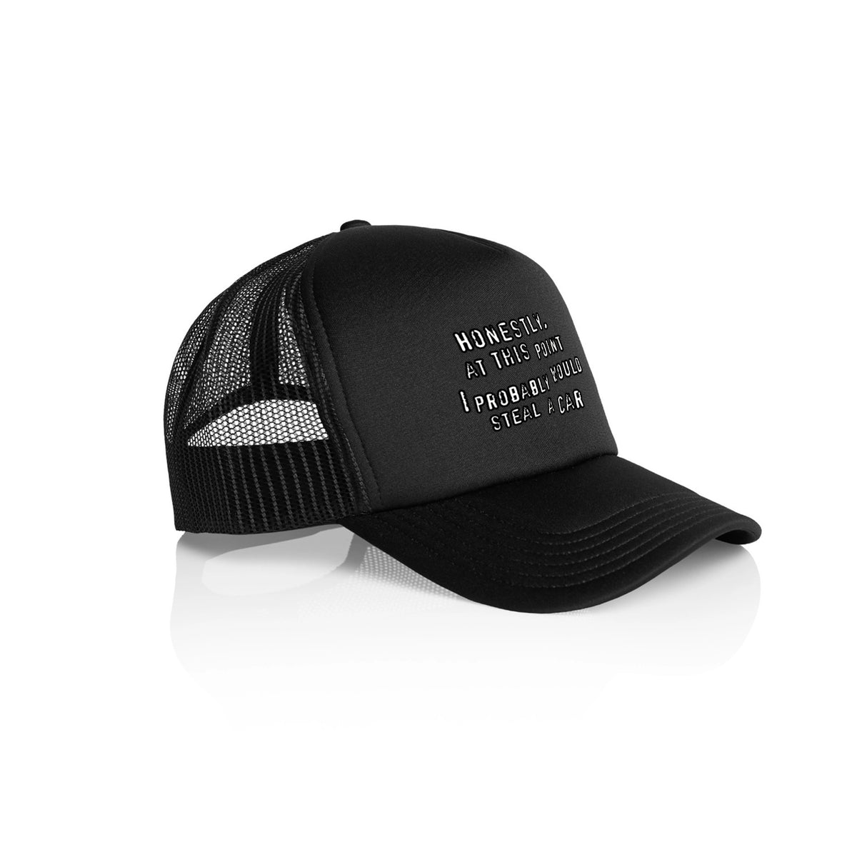 Black trucker cap with Would Steal A Car Hat graphic by Lonely Kids Club