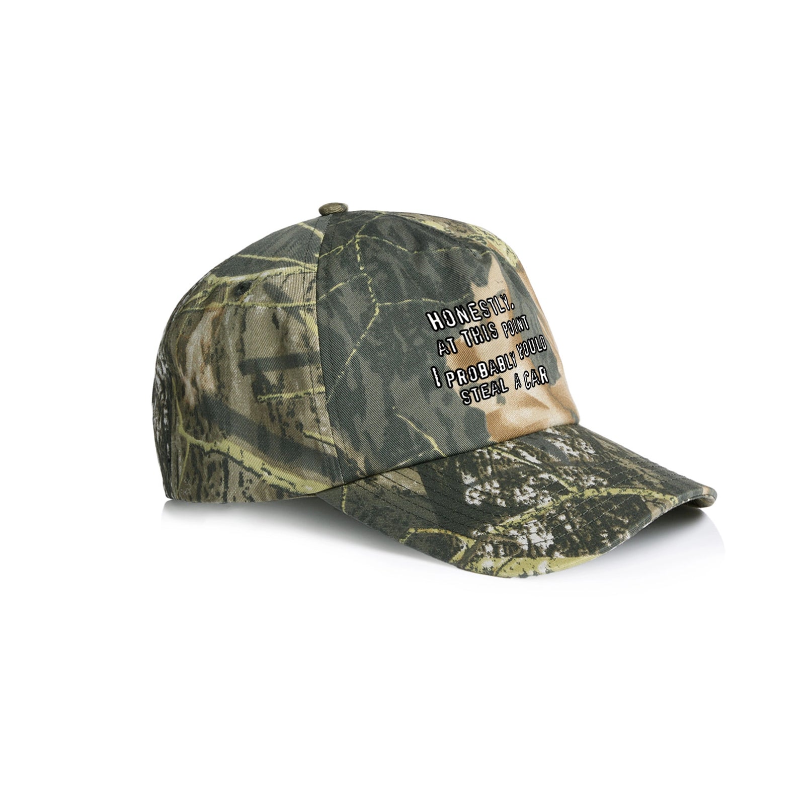 Camouflage trucker cap with Would Steal A Car Hat graphic by Lonely Kids Club