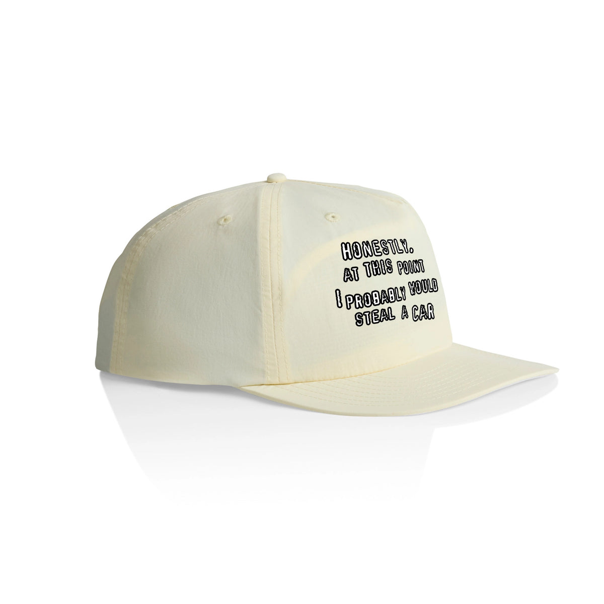 Ecru active cap with Would Steal A Car Hat graphic by Lonely Kids Club