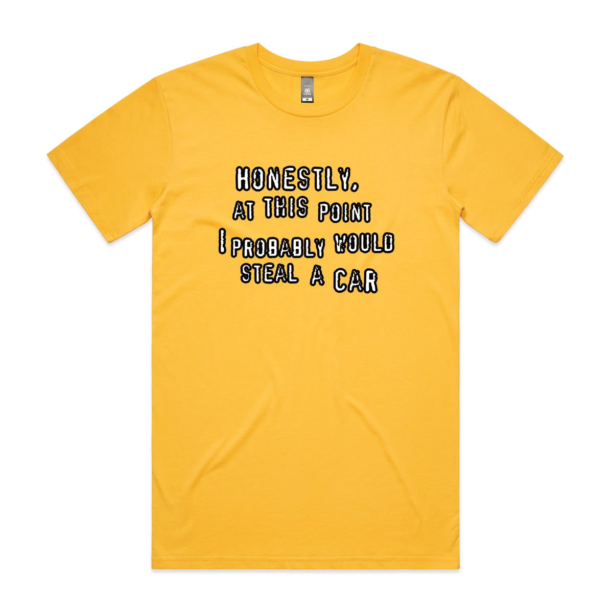 Yellow unisex t-shirt with Would Steal A Car graphic by Lonely Kids Club
