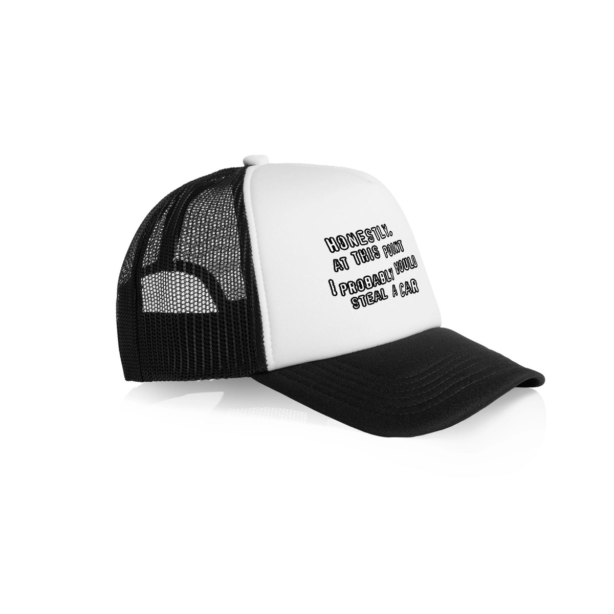 Black/White Contrast trucker cap with Would Steal A Car Hat graphic by Lonely Kids Club