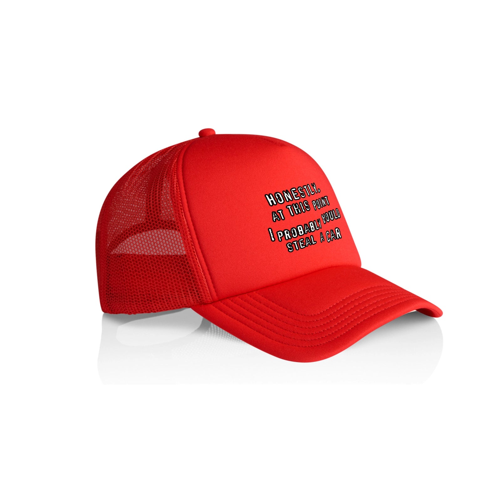 Red trucker cap with Would Steal A Car Hat graphic by Lonely Kids Club