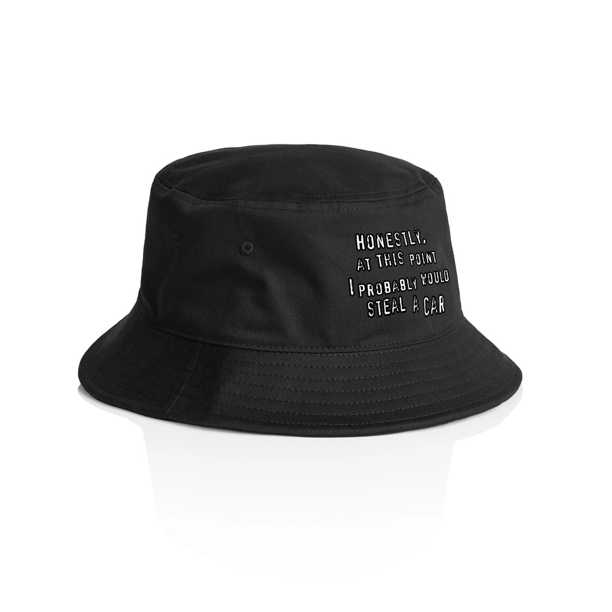 Black bucket hat with Would Steal A Car Hat graphic by Lonely Kids Club