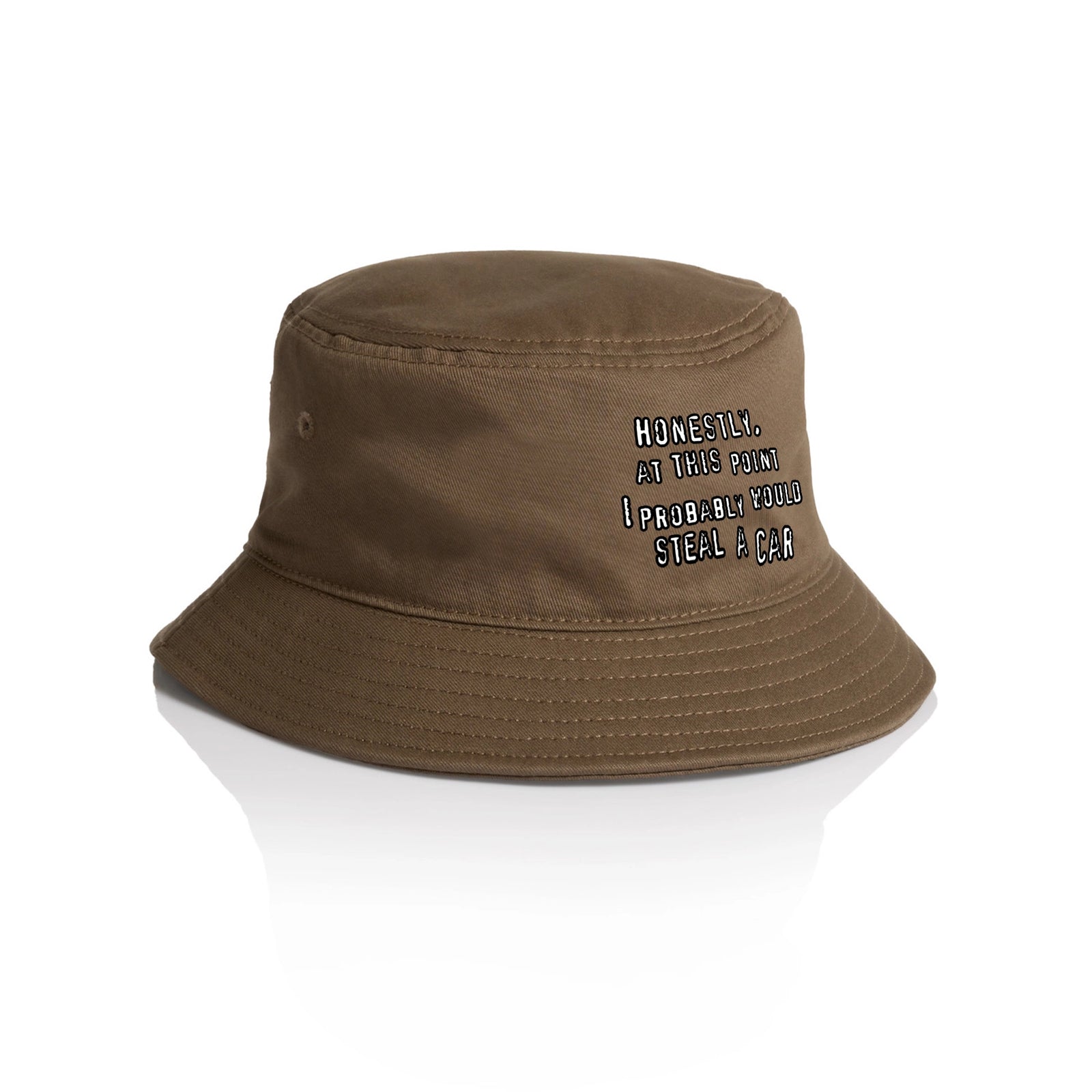 Walnut bucket hat with Would Steal A Car Hat graphic by Lonely Kids Club