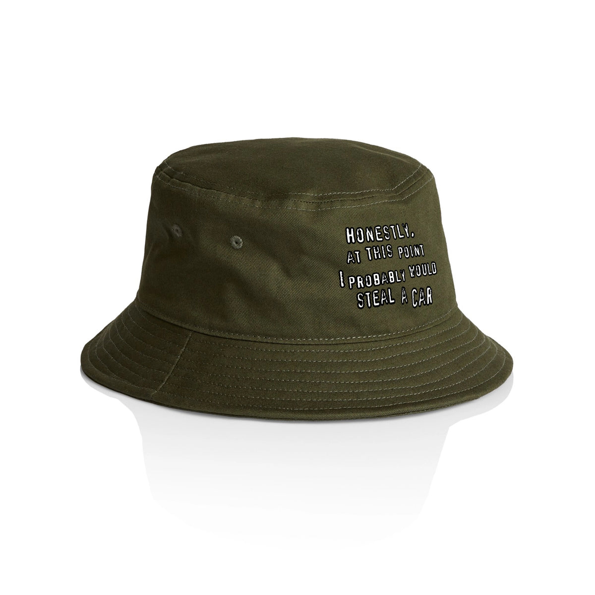 Army bucket hat with Would Steal A Car Hat graphic by Lonely Kids Club