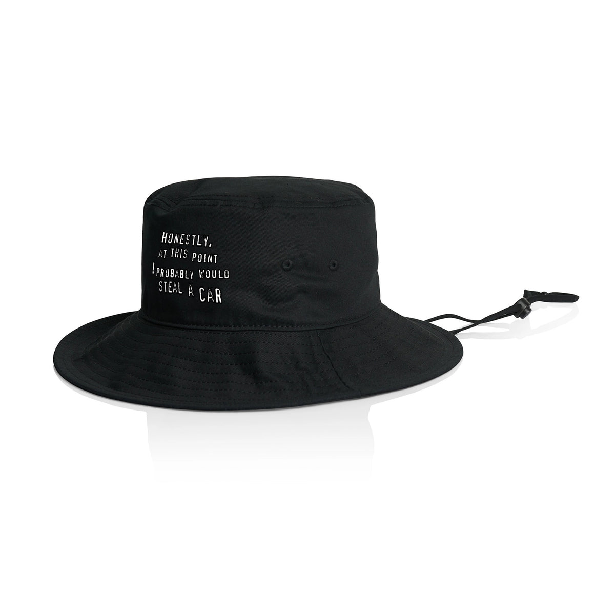 Black sun hat with Would Steal A Car Hat graphic by Lonely Kids Club